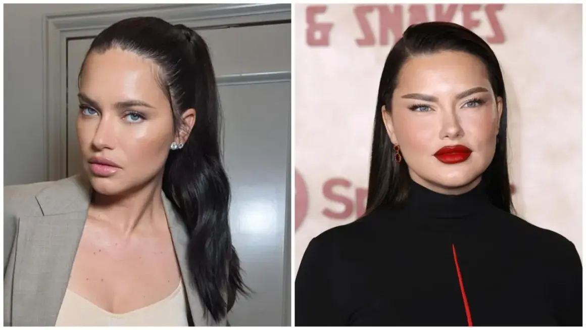 Adriana Lima, icónica modelo, luce radiante en dos estilos: uno con coleta alta y blazer, y otro con labios rojos intensos y pendientes de rubí, evocando su estilo de los 2000.