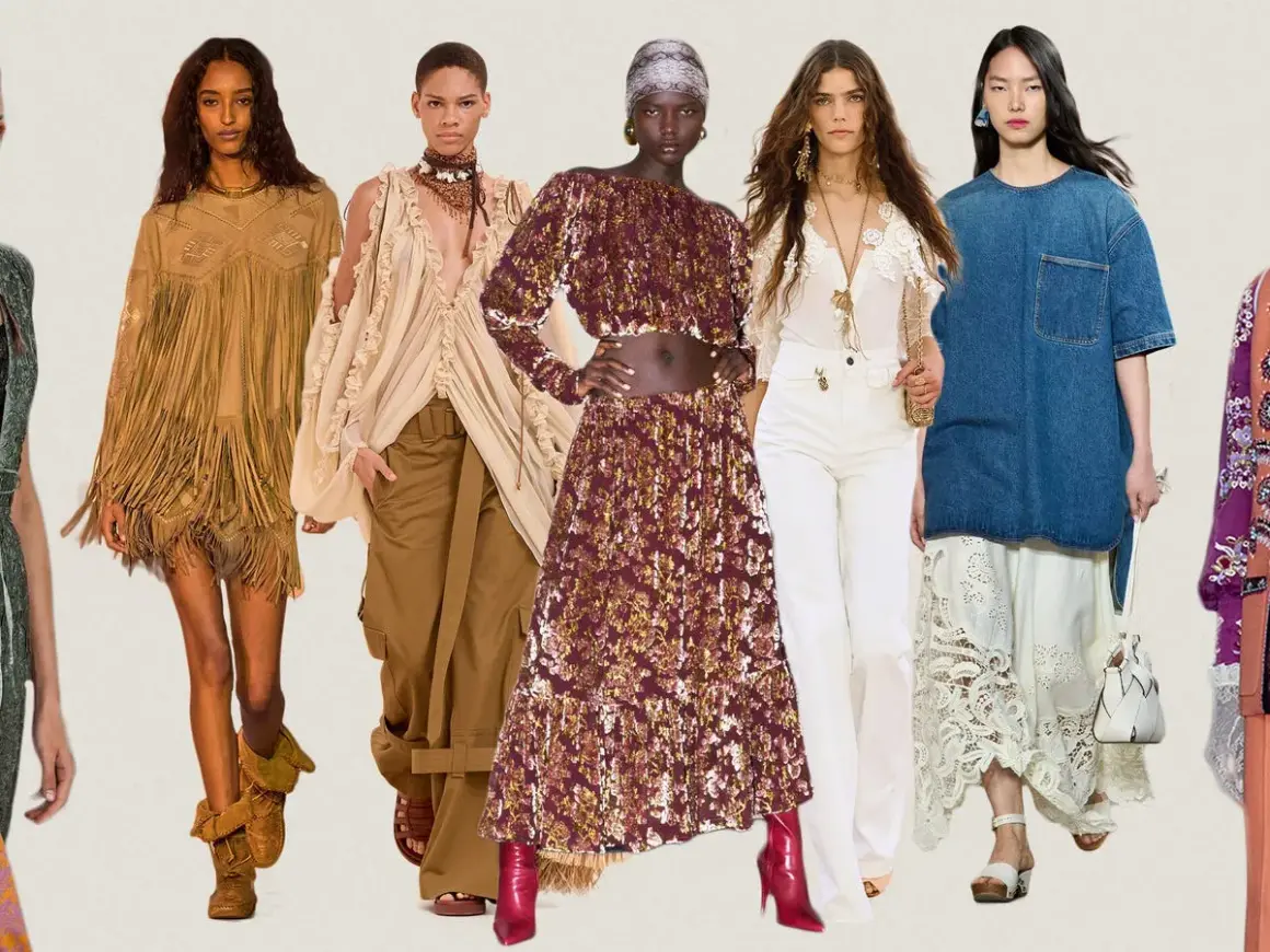 Modelos lucen atuendos con flecos, lentejuelas y encajes, evocando un estilo boho chic.