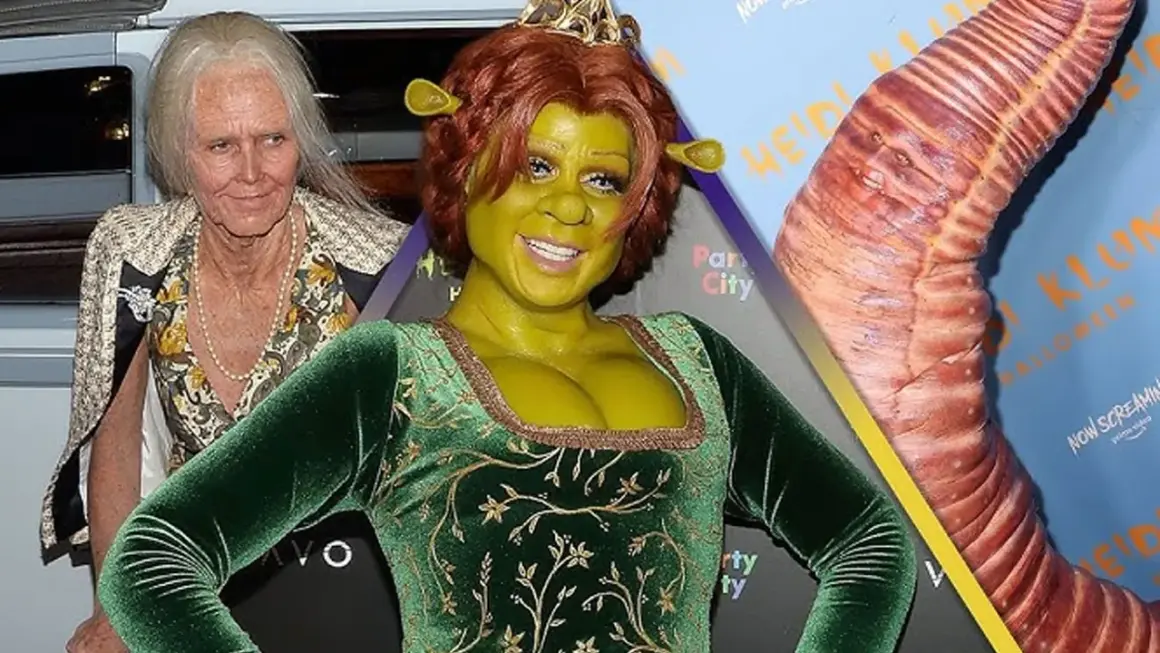 Heidi Klum se disfraza de Fiona de Shrek para Halloween, con un maquillaje verde y orejas características. A su lado, una persona mayor y un tentáculo gigante.