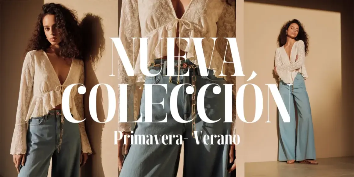 Modelos lucen la moda primavera verano 2026: blusas de encaje y pantalones vaqueros anchos.
