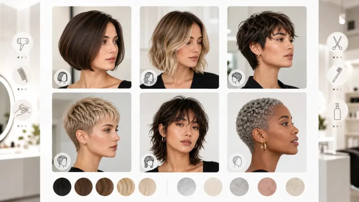 Seis estilos de cortes de pelo corto mujer: bob, lob ondulado, pixie desordenado, corte texturizado, shaggy y rizado.