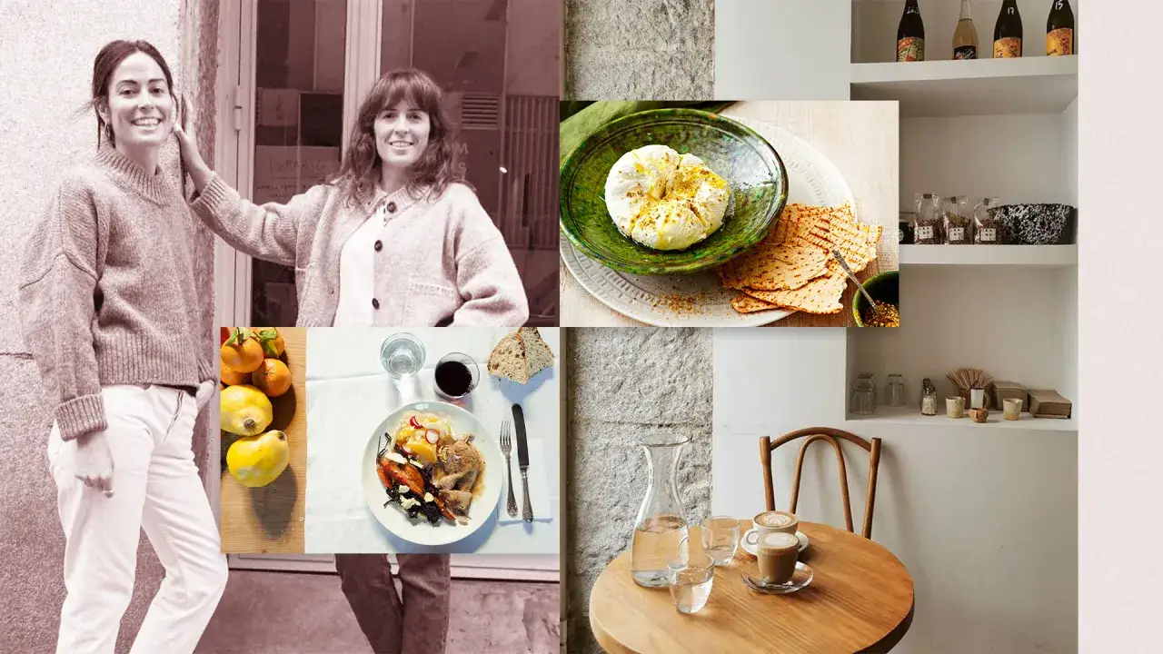 Las hermanas Arce posan sonrientes. En la mesa, frutas, un plato de comida y café.