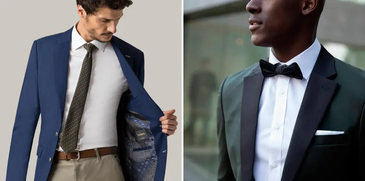 Dos hombres con trajes elegantes. Uno con chaqueta azul, camisa blanca y corbata. El otro con esmoquin verde oscuro y pajarita. Ideal para dress code cocktail hombre.