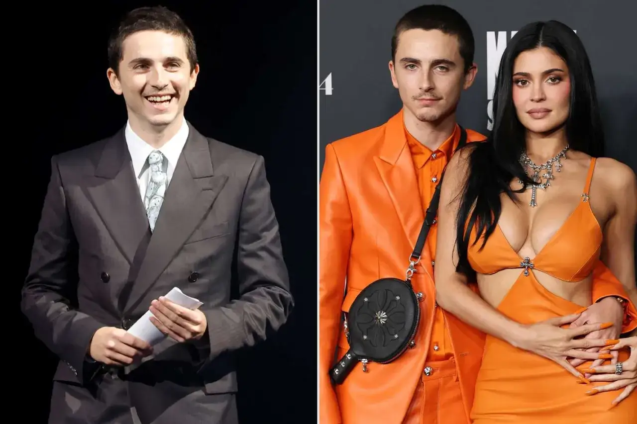 Timoth&eacute;e Chalamet, con traje gris y luego con su pareja en un evento, ambos luciendo atuendos vibrantes.