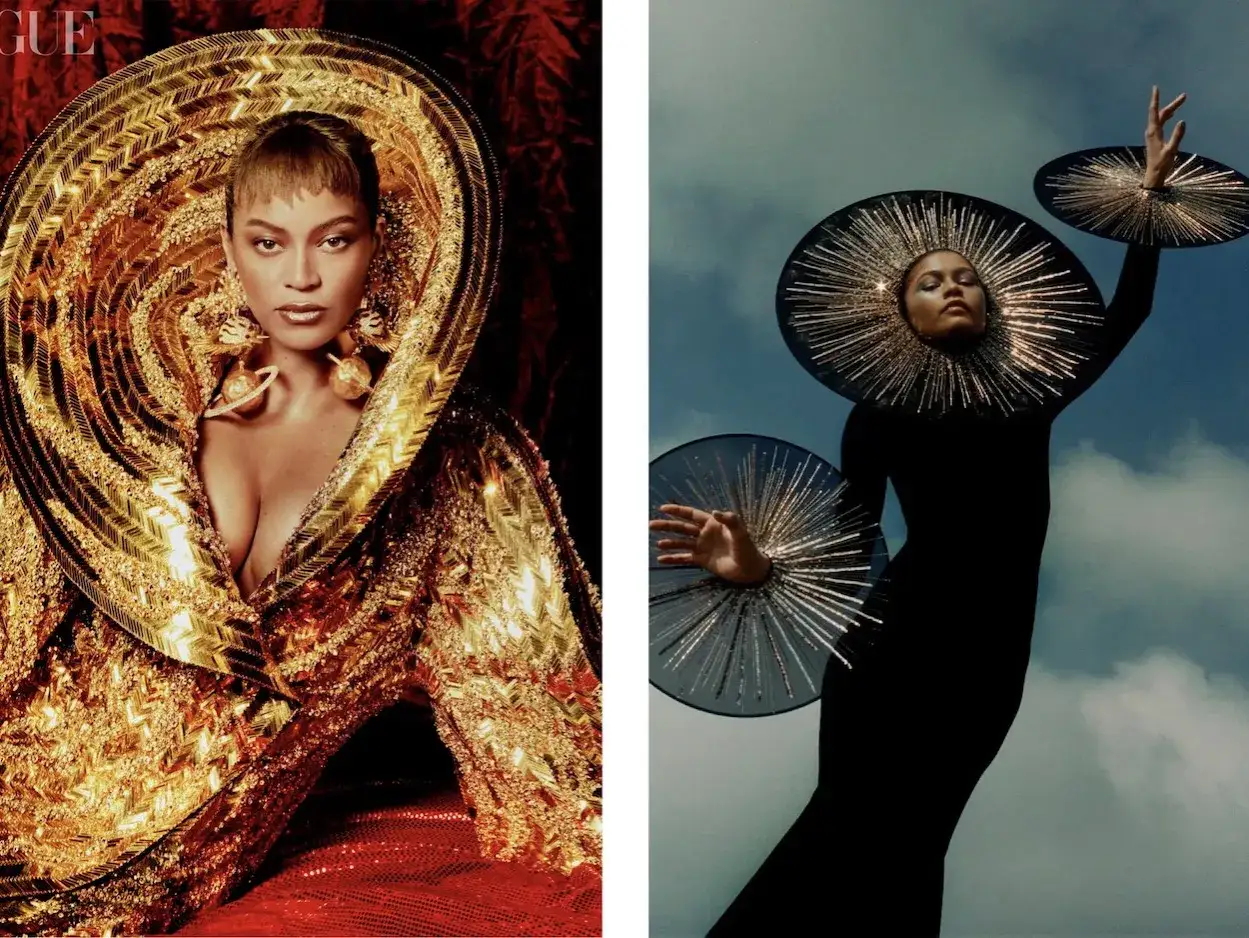 Elsa Schiaparelli inspir&oacute; este look dorado y negro, con tocados circulares y joyas c&oacute;smicas.