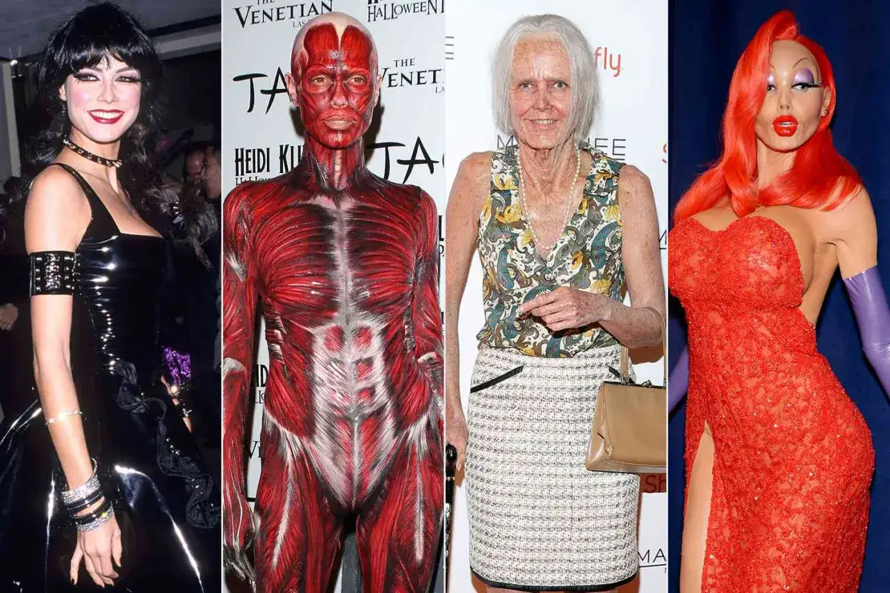 Heidi Klum en disfraces icónicos de Halloween: látex negro, cuerpo de músculo, anciana y Jessica Rabbit.