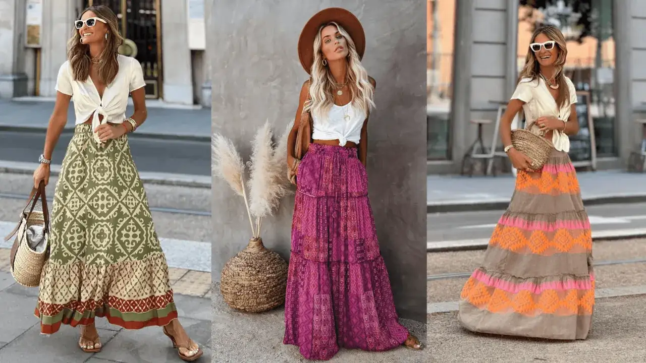 Tres mujeres lucen faldas largas estampadas y blusas anudadas, un look boho chic verano perfecto para pasear.