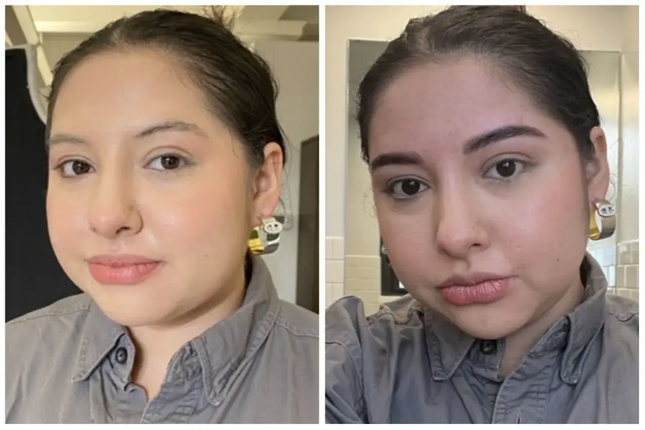 Comparativa de cejas antes y después del microblading. La imagen de la derecha muestra el resultado del microblading cejas, con un arco más definido y poblado.