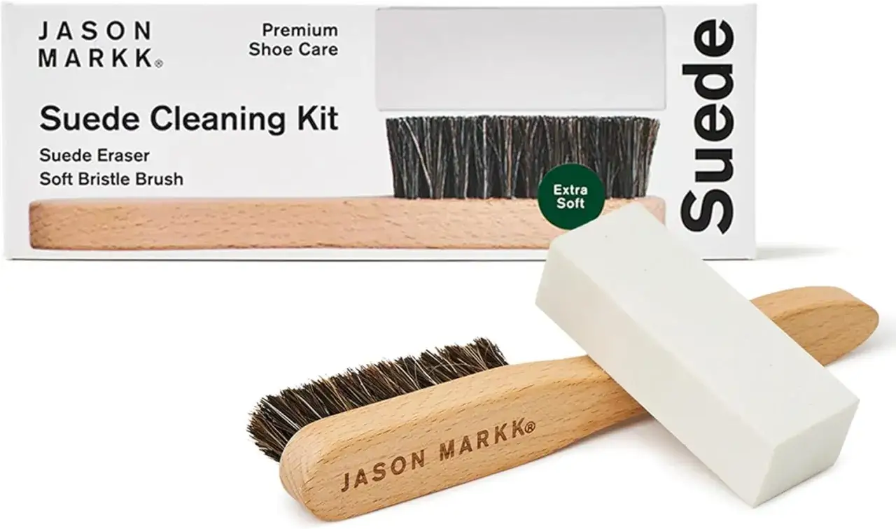 Kit para limpiar zapatos de ante: borrador y cepillo de cerdas suaves. Ideal para mantener tus zapatillas impecables.
