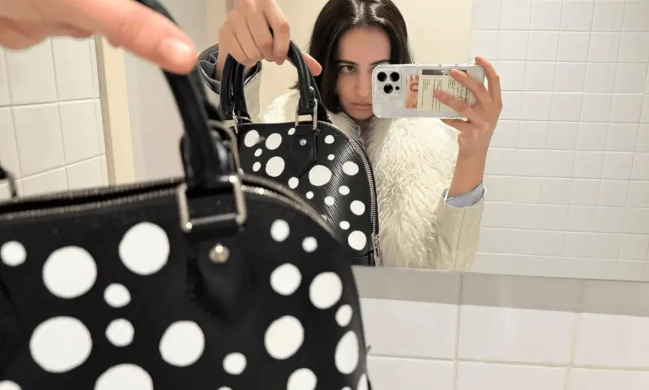 Pili, hermana de Rosalía, se mira en el espejo con su bolso de lunares.
