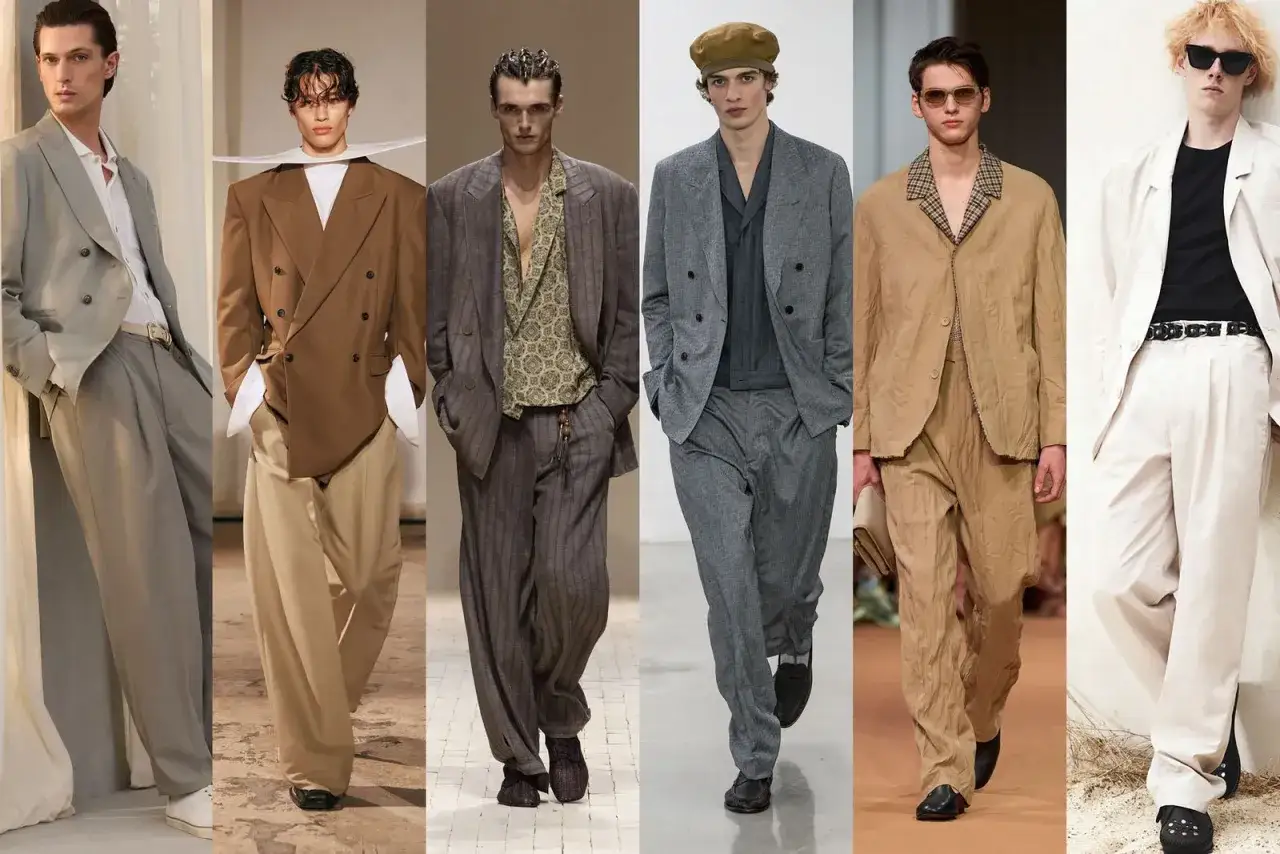 Cinco hombres lucen trajes holgados y de corte moderno, mostrando las últimas tendencias moda hombre en tonos neutros.