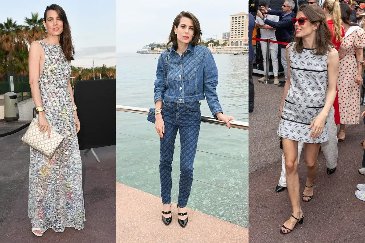 Charlotte Casiraghi luce tres looks: vestido estampado, traje de denim y minivestido con logo.