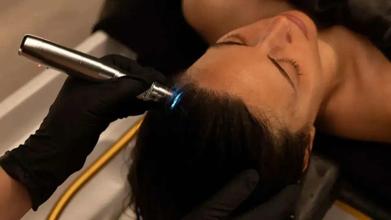 Profesional aplica tratamiento de microneedling capilar en la cabeza de una mujer, estimulando el crecimiento del cabello.