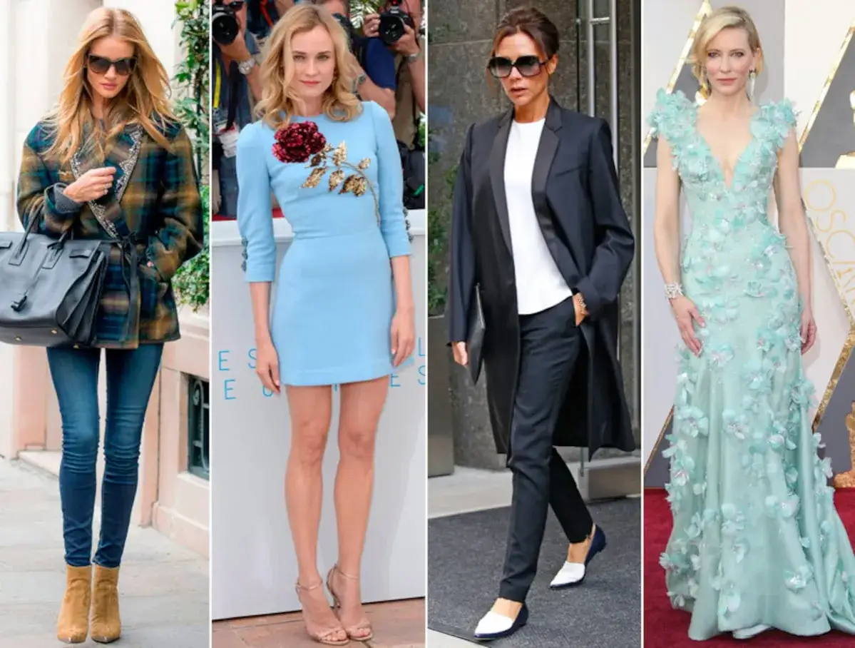 Cuatro mujeres con estilos variados: casual con chaqueta de cuadros, vestido azul con flor, traje elegante y vestido de gala.
