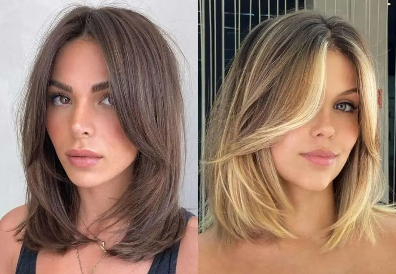 Dos mujeres lucen un corte bob moderno con capas y flequillo desfilado. Uno es castaño oscuro, el otro rubio con reflejos.