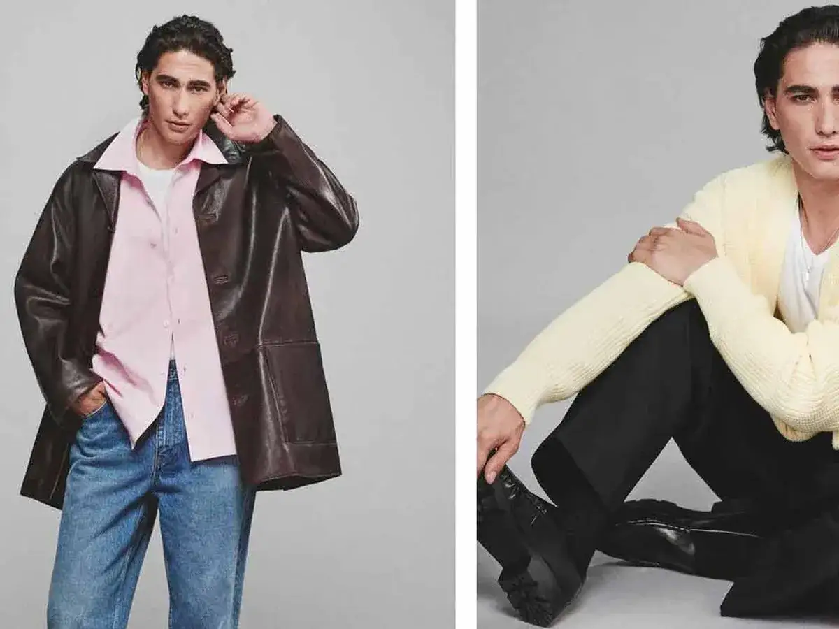 Enzo Vogrincic posa con chaqueta de cuero y camisa rosa, y luego con cárdigan amarillo y pantalones negros.