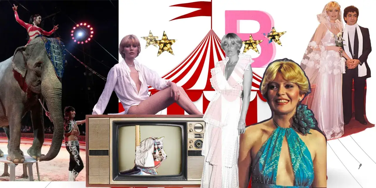 Collage de Barbara Rey en los años 80: elefante de circo, ella en un televisor antiguo, vestida de novia y con un traje azul brillante.