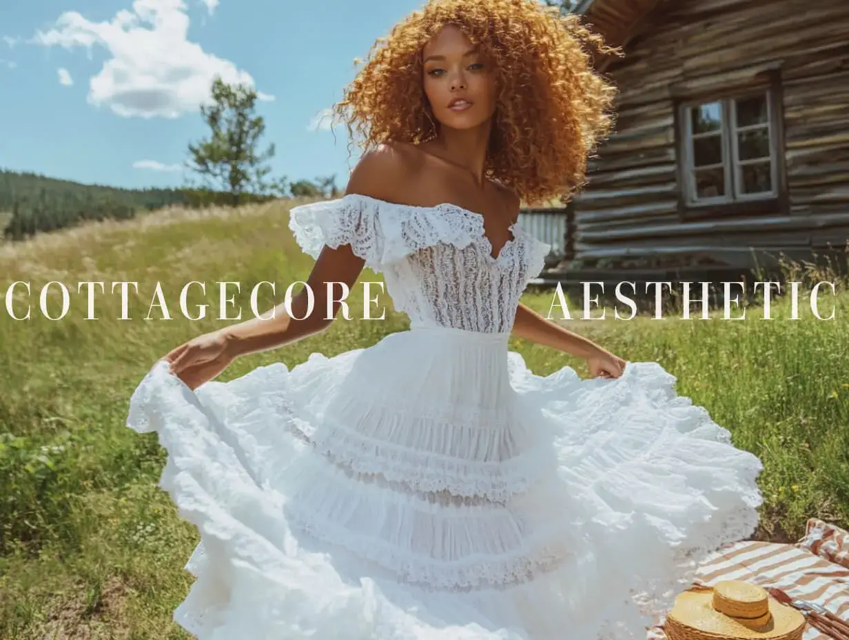 Mujer con vestido blanco voluminoso, cabello rizado, en un campo verde, con una cabaña de madera al fondo. Estilo cottagecore.