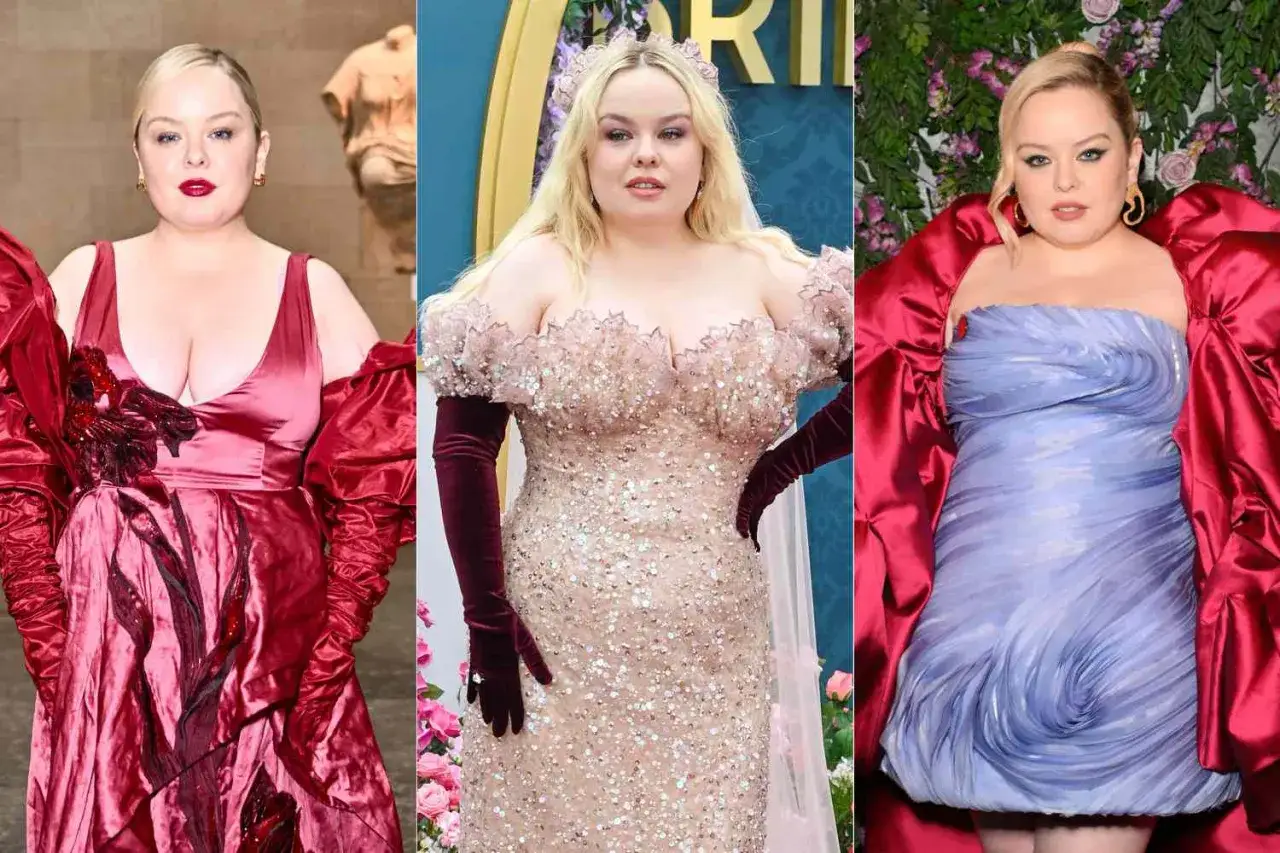 Nicola Coughlan, destacando su altura y elegancia en tres atuendos deslumbrantes: uno rojo satinado, otro de lentejuelas y un tercero azul etéreo.