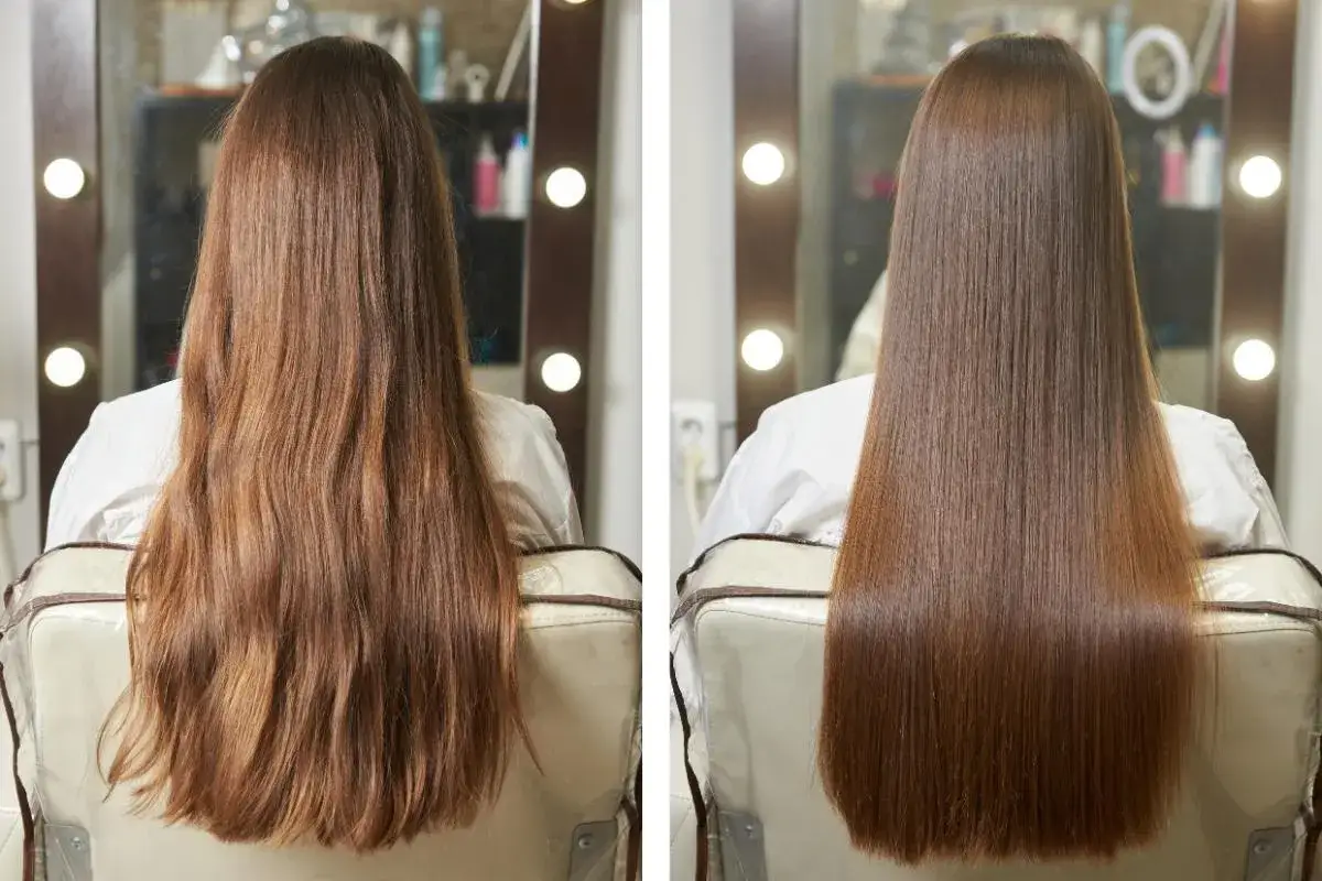 Antes y despu&eacute;s de un alisado de keratina. Cabello largo y casta&ntilde;o, antes ondulado y encrespado, ahora liso y brillante.