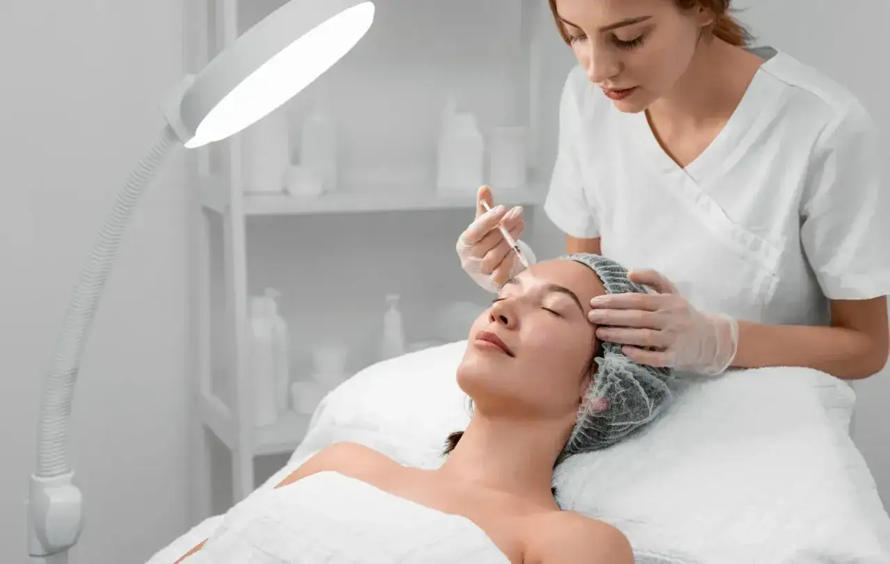 Profesional aplica un tratamiento facial con exosomas a una paciente.