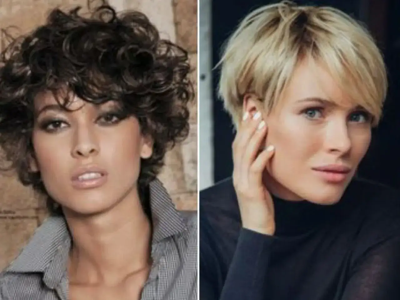 Dos mujeres con cortes de pelo modernos. Cortes de pelo que rejuvenecen a la mujer de 50 años, uno rizado oscuro y otro rubio pixie.