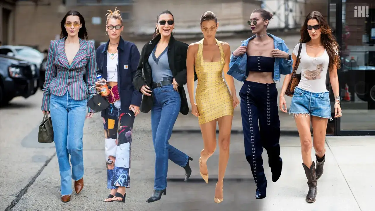 Bella Hadid luce varios looks: traje a rayas, jeans con estampado, vestido amarillo, conjunto vaquero y shorts vaqueros.