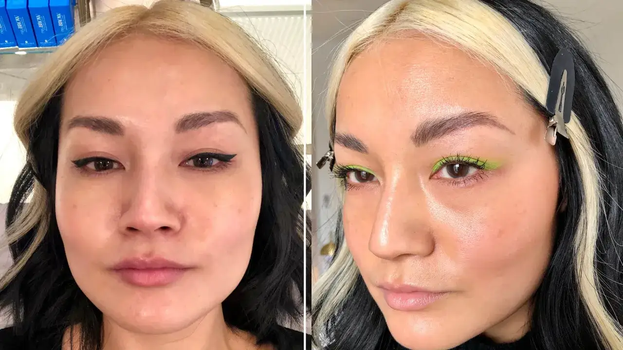 Antes y después de un laminado de cejas. Las cejas se ven más definidas y peinadas, resaltando la mirada.
