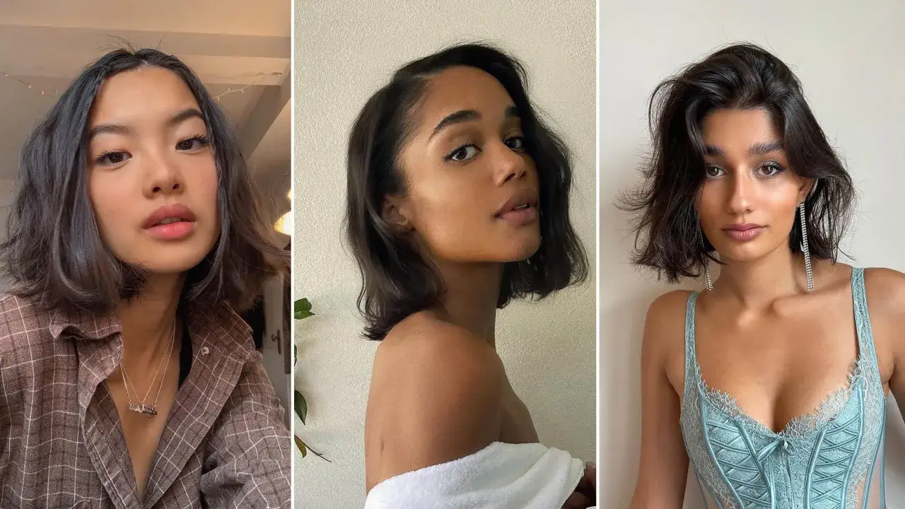 Tres mujeres con cabello casta&ntilde;o y permanente ondulada. Una lleva una camisa a cuadros, otra una toalla blanca y la tercera un cors&eacute; azul.