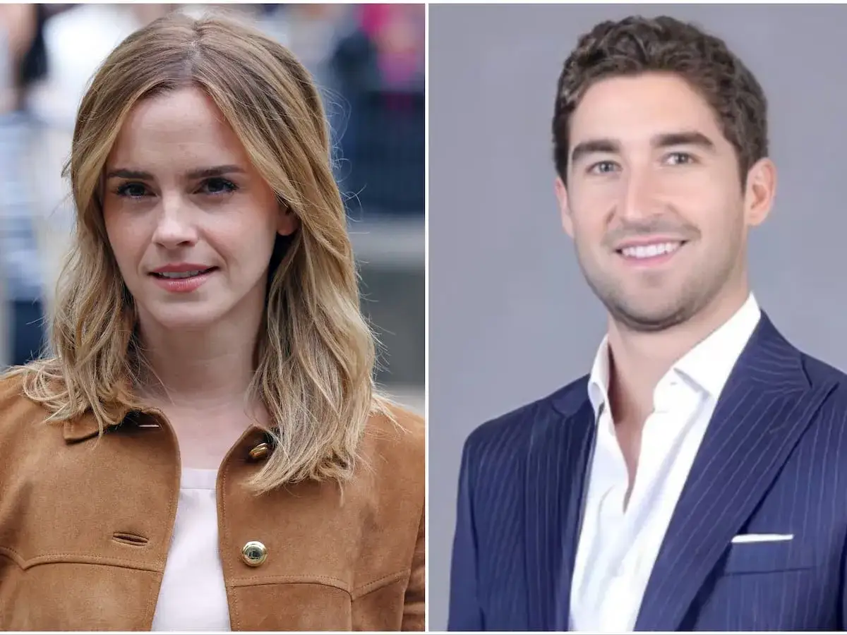 Emma Watson y su pareja, Brandon Green, sonr&iacute;en en esta imagen dividida.