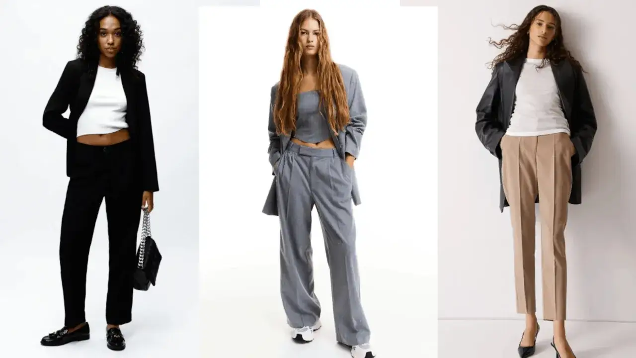 Tres mujeres lucen diferentes tipos de pantalones: negros rectos, grises anchos y beige entallados, todos con chaquetas.