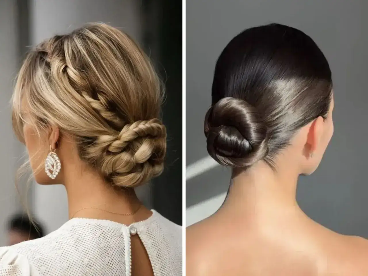 Dos recogidos elegantes: uno con trenza para invitada boda, otro pulido y brillante.