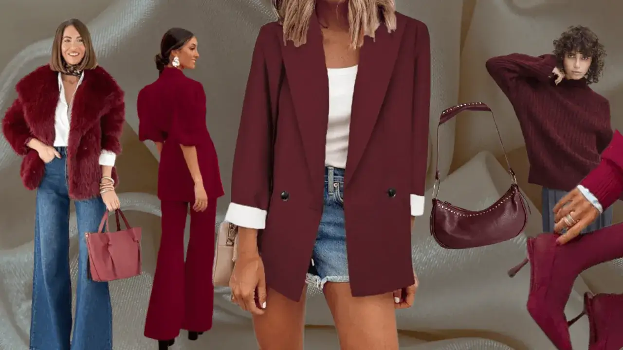 Moda en color burdeos: abrigos de pelo, trajes de pantalón, blazers y accesorios como bolsos y botines.