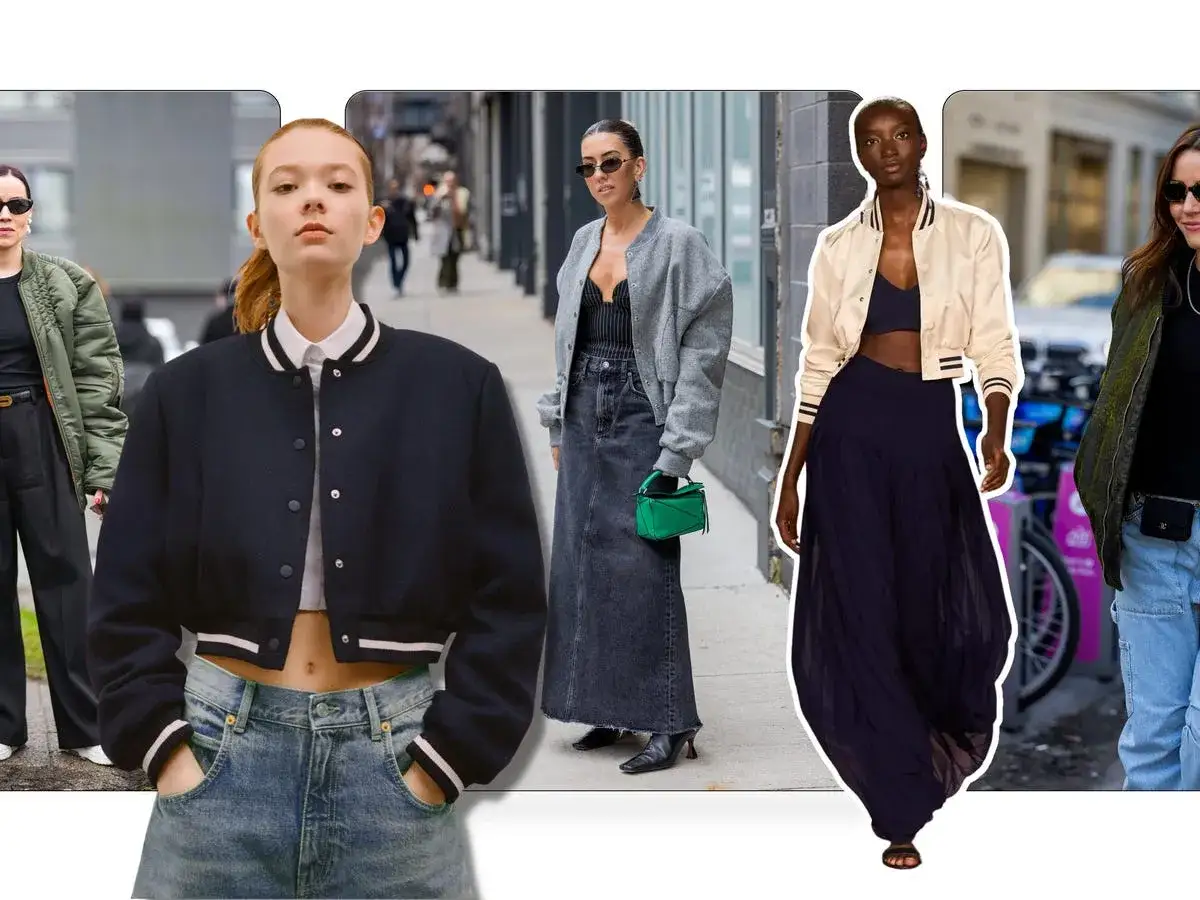 Chicas con estilo lucen una bomber: una con chaqueta verde acolchada, otra con bomber azul corta y jeans, una tercera con bomber gris y falda larga, y la última con bomber crema y falda azul.