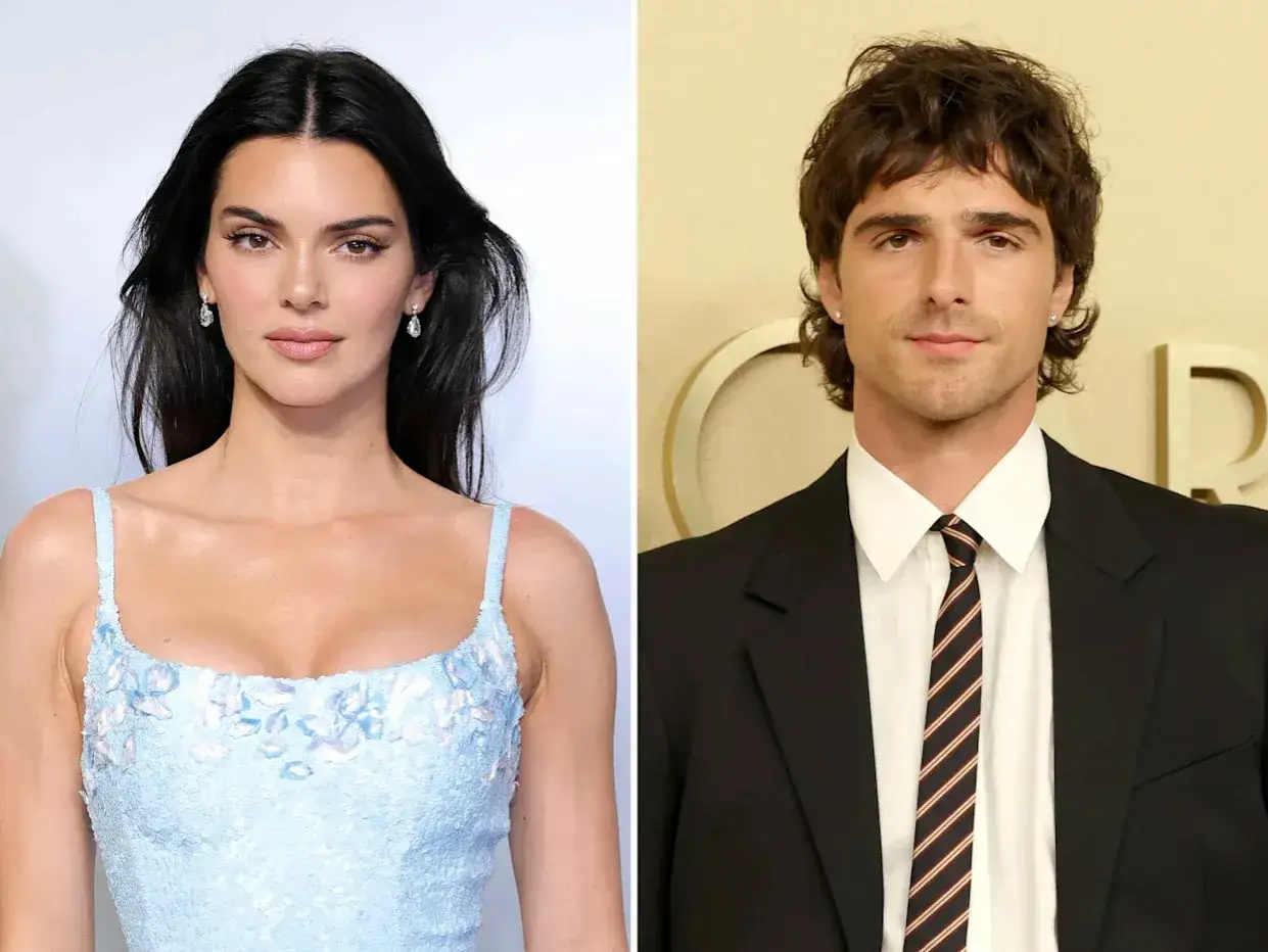Kendall Jenner, posible jacob elordi girlfriend, luce un vestido azul claro. Jacob Elordi viste traje negro.