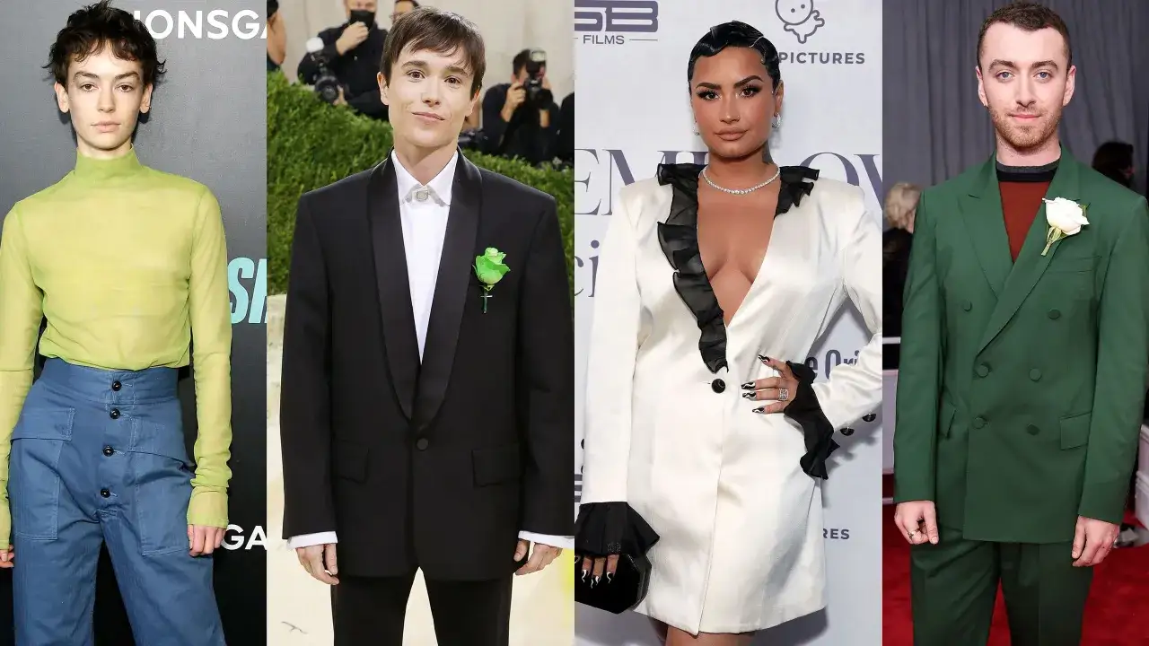 Cuatro famosos no binarios: una persona con un top verde y pantalones azules, Elliot Page con esmoquin, Demi Lovato con traje blanco y Sam Smith con traje verde.