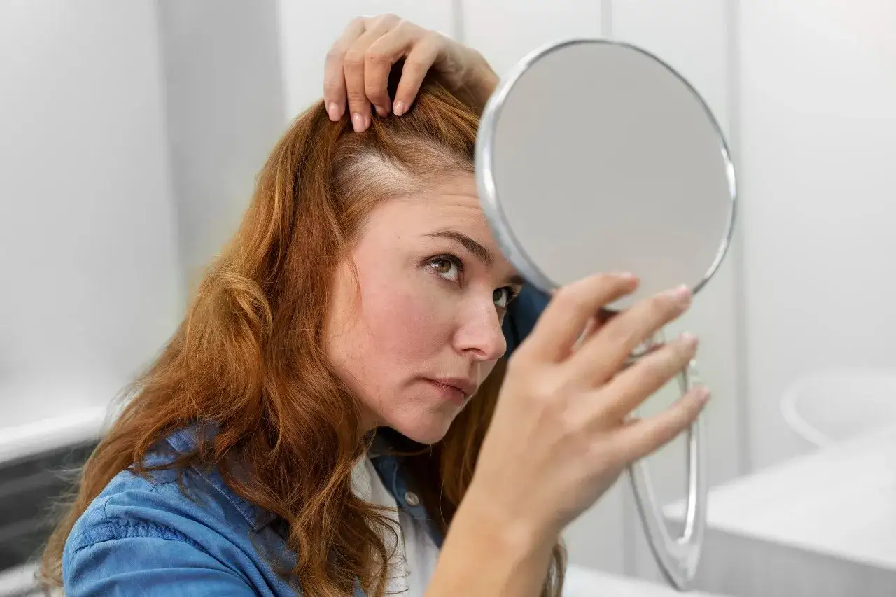 Mujer pelirroja se mira en un espejo, preocupada por cuando se cae más el pelo.