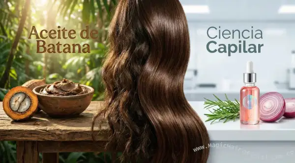 Aceite de Batana: un tesoro natural para un cabello radiante y saludable. Muestra la transformación de un cabello rizado a liso y brillante.