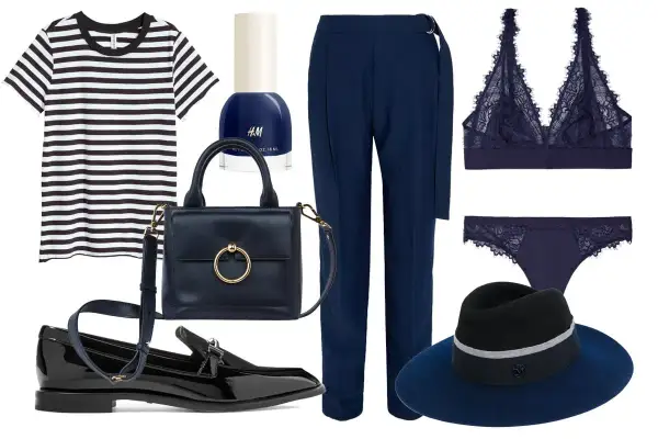 Conjunto elegante en azul marino y negro: camiseta a rayas, pantalón de vestir, bolso, zapatos, lencería y sombrero.
