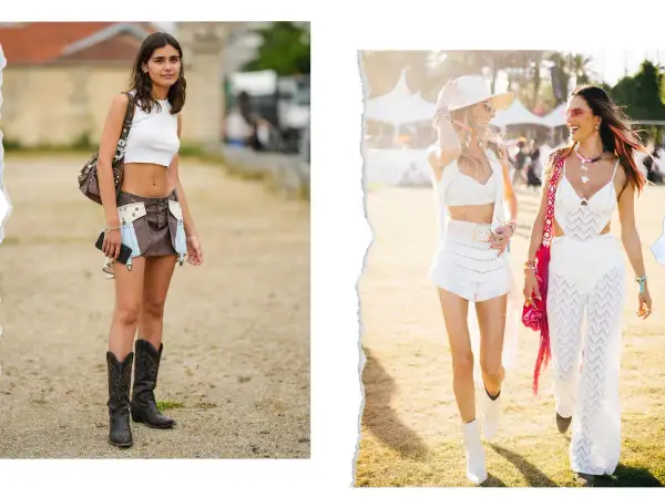 Chicas disfrutan del look festival verano con botas vaqueras y atuendos blancos.