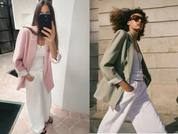 Dos modelos lucen blazers y pantalones blancos, un look casual perfecto para cualquier ocasión.