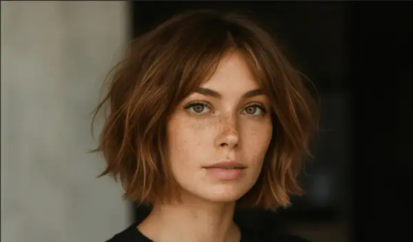 Mujer con pecas y un corte de pelo estilo "italian bob" despeinado, con tonos castaños.