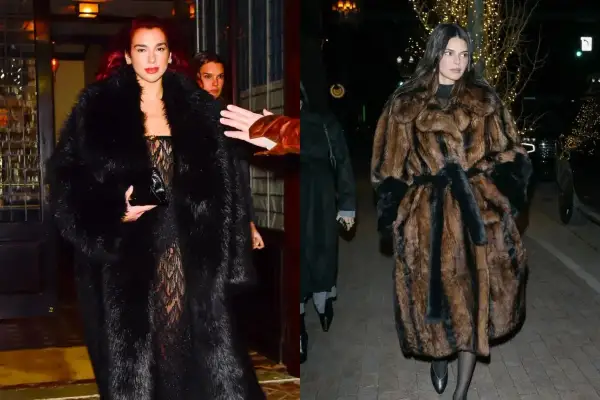 Dua Lipa y Kendall Jenner, con abrigos de pelo que evocan a una mob wife, salen de un evento.