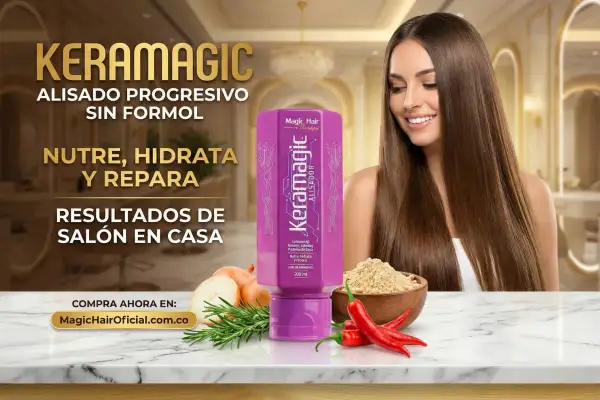 Mujer con cabello liso y brillante, producto Keramagic alisado keratina. Nutre, hidrata y repara para resultados de salón en casa.