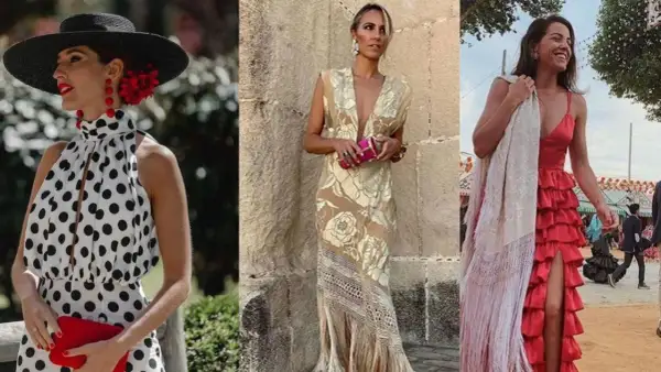 Tres mujeres con vestidos elegantes, listas para ir a la feria sin traje de flamenca.