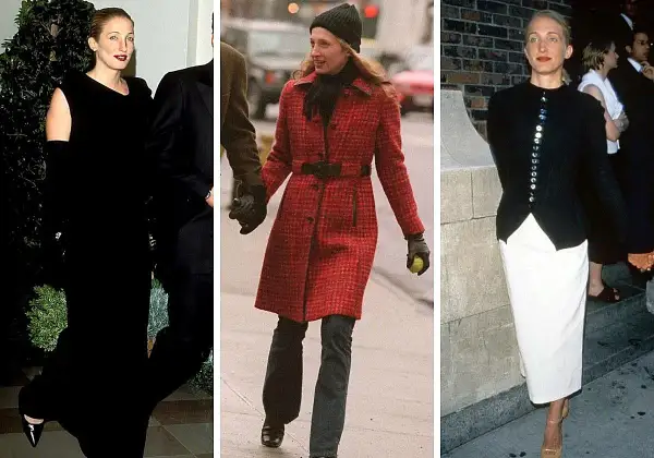 Carolyn Bessette-Kennedy luce elegante en tres atuendos: uno negro, uno rojo y otro blanco y negro.