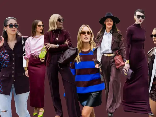Modelos lucen atuendos elegantes en tonos **color burdeos**, desde trajes de raya diplomática hasta vestidos largos y faldas.