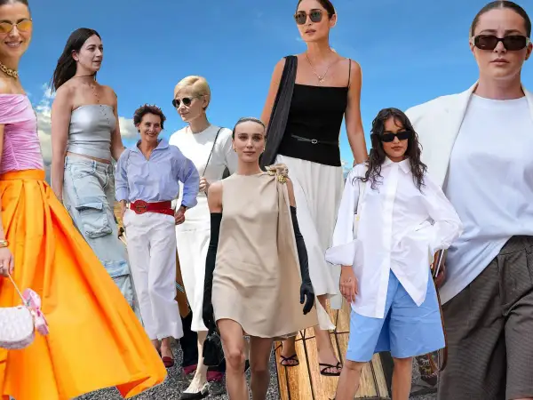 Modelos lucen un elegante outfit verano con faldas vibrantes, pantalones cargo y vestidos vaporosos.