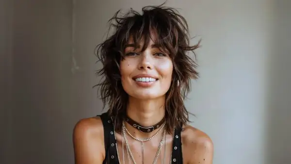 Mujer con un moderno corte mullet, flequillo desordenado y sonrisa radiante.