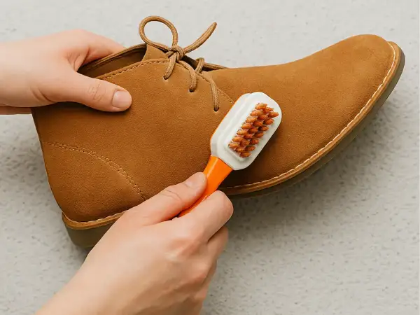 Manos cepillando un zapato de ante marrón. Guía para como limpiar zapatos de ante y mantenerlos como nuevos.
